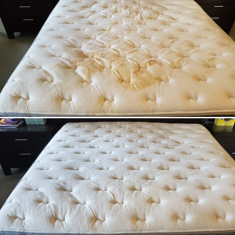 Queen mattress before and after cleaning — full stain removal